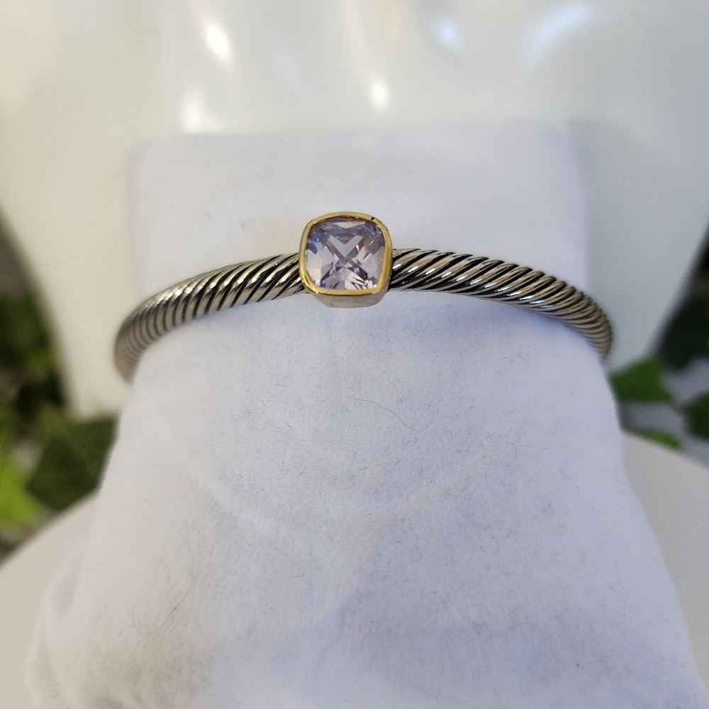 Twisted Cable Cuff Bracelet with Lavender Purple Stone - Silver & Gold Tone